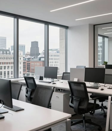 A high-end, minimalist office interior in London. Large windows reveal a city view, with clean white desks and ergonomic furniture. A professional atmosphere with subtle Charcoal and Silver color accents. Northern European / British setting.