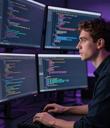 A portrait of a professional software architect looking at large monitors reflecting lines of code, styled with a sophisticated cinematic look, featuring deep navy shadows and soft electric purple highlights.