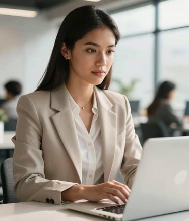 A South American professional woman looking confidently at a laptop screen in a modern, bright coworking space. Soft morning light, professional attire, clean desk with an off-white aesthetic. High-resolution photography.