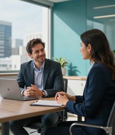 A professional mentorship session between two South American professionals in a sun-drenched modern office in a Brazilian metropolis. The atmosphere is empathetic and focused, with clean lines and decor featuring medium teal and light blue accents. High-quality corporate photography.