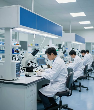 A wide-angle shot of a state-of-the-art North American pharmaceutical research facility. A scientist in a crisp white lab coat works at a modern station with light blue and dark blue accents. The lighting is bright and clean, conveying innovation and scientific precision.