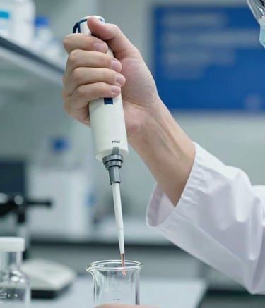 Close-up of a researcher in a North American medical lab using a professional pipette with specialized pharmaceutical glassware. The background is a clean, blurred office and lab space with deep blue branding elements. High-end clinical photography style.