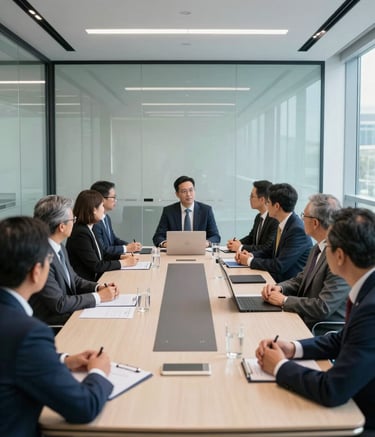 A wide shot of a modern, professional boardroom meeting in a North American / US financial center. Professionals in business attire are engaged in conversation. The room features clean lines, glass walls, and a palette of Navy and Light Blue-Grey.