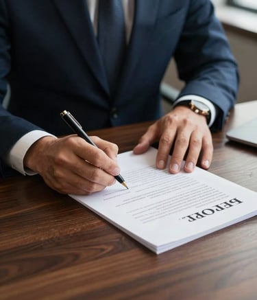 A close-up of professional business hands signing documents on a dark wood table in a high-rise office in Spokane, North American / US. Soft natural light highlights the sophisticated atmosphere. Palette includes Navy and Off-White.