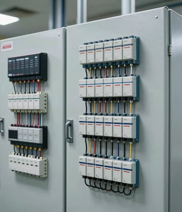 A clean, high-tech industrial control panel with complex PLC wiring and neatly organized components. The lighting is bright and professional, typical of a modern North American industrial automation facility, using grey and light blue colors.