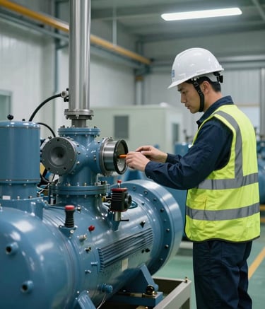 A professional technician in a safety vest and hardhat inspecting a large industrial air compressor system in a clean, modern North American manufacturing facility. The scene is lit with cool, bright lighting emphasizing precision and efficiency, featuring a palette of blue and grey.