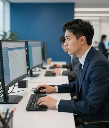A professional recruiter in a modern North American tech-firm setting, working intently at a clean, white desk with multiple monitors showing blurred data. The style is bright and airy with deep blue and medium grey corporate accents, emphasizing speed and modern innovation.