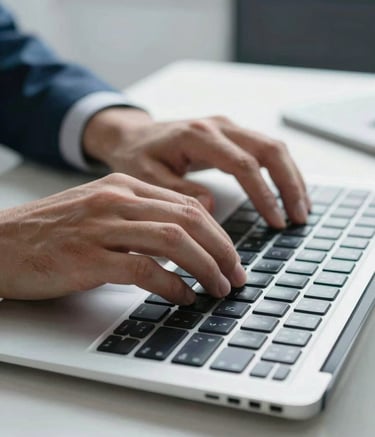 A close-up, high-speed photograph of a professional's hands typing on a modern metallic keyboard in a bright, minimalist North American office. The lighting is crisp and natural, highlighting a workspace with subtle bright blue and deep charcoal accents to convey efficiency and focus.