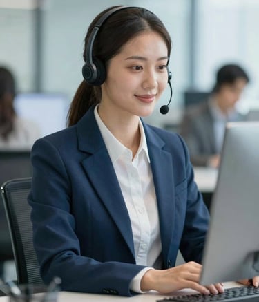A professional customer service specialist in a modern, clean office environment. They are wearing a sleek headset and looking at a computer screen. The image features high-end business decor in shades of #2D3748 and #A0AEC0, exuding an aura of trustworthiness and efficiency.