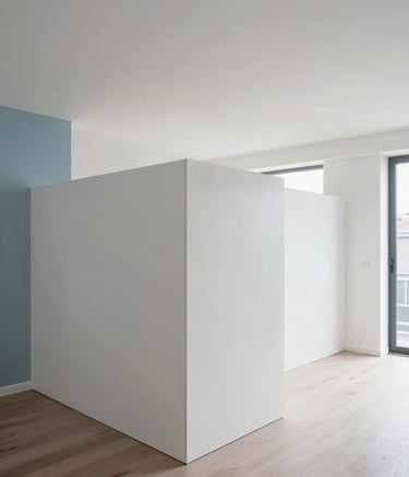 A wide shot of a modern, bright apartment interior in the Netherlands with newly installed white partition walls and ceilings, professional photography, crisp clean lighting, soft blue accents.