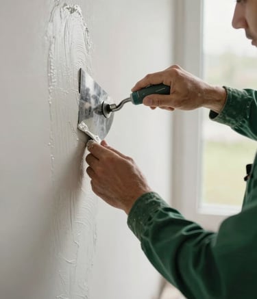 A close-up photography of a professional builder's hands using a trowel to apply a smooth finish to a wall, soft natural daylight, Northern European indoor setting, professional atmosphere with green and white tones.