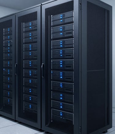 Professional architectural photography of a state-of-the-art server room in Brazil, featuring sleek equipment racks with soft blue glowing indicators. The composition is clean and minimalist, conveying reliability and high-tech innovation with a professional color scheme of deep navy and slate.