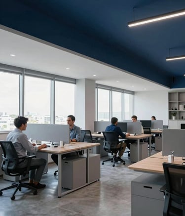 Wide shot of a modern, professional coworking space in Brazil with clean lines, minimalist furniture, and large windows. The lighting is bright and even, highlighting a serious and innovative business atmosphere with colors in dark blue and light gray.