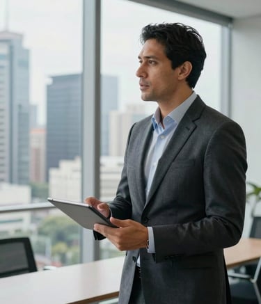 A high-end, professional photography shot of a South American / Brazilian consultant in a sharp charcoal suit presenting a strategy on a tablet in a bright, glass-walled office with a view of a modern skyline. The scene is lit with clean, natural morning light, emphasizing a palette of dark blue and slate gray.