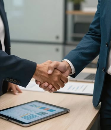 A close-up photograph of two professionals in a South American / Brazilian office shaking hands across a clean desk. One is wearing a deep teal blazer. On the table, there is a tablet showing clear financial charts. The atmosphere is warm and professional, emphasizing a family-style trust and partnership.