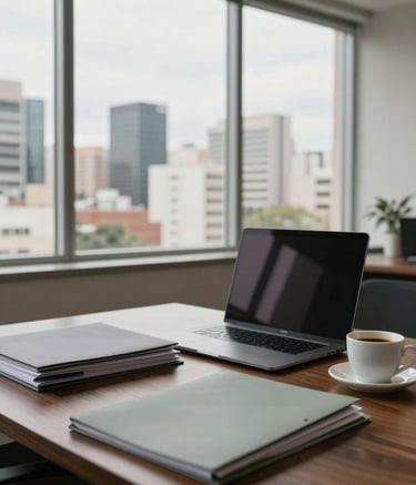 A professional office setting in a modern South American / Brazilian building. Through the window, a clean urban skyline is visible. The desk is made of dark wood and features a high-end laptop, a cup of coffee, and some neatly stacked folders in soft gray and muted sage colors. The lighting is bright and natural.