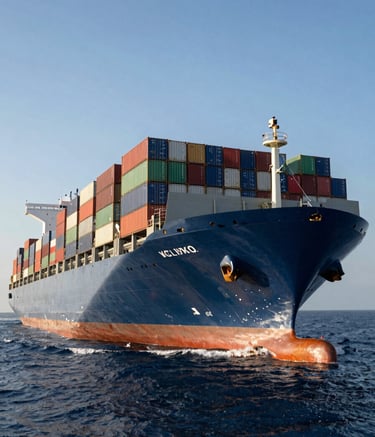 A majestic cargo ship carrying rows of colorful containers, moving through a Deep Navy ocean under a clear Soft Azure sky. The lighting is bright and crisp morning sun, highlighting the massive scale and reliability of the vessel. The composition is a low-angle shot from the water, looking up at the bow.