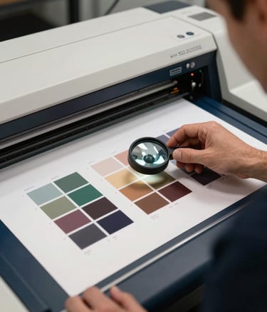 A detailed close-up photography of a high-end color proofing station in a South American / Brazilian professional studio. A technician's hand is visible using a magnifying loupe to inspect color registration marks on a high-quality print. The lighting is bright and controlled, emphasizing textures and the deep navy and off-white colors of the equipment.