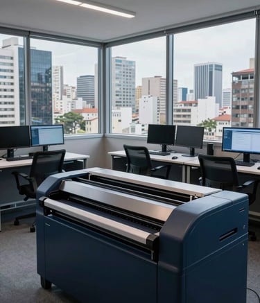 Wide shot of a modern, sophisticated pre-press office in a major Brazilian city. Large windows show an urban skyline. Inside, the workspace features sleek desks with multiple monitors and professional printing equipment. The atmosphere is professional and calm, with a palette of deep navy and steel blue.