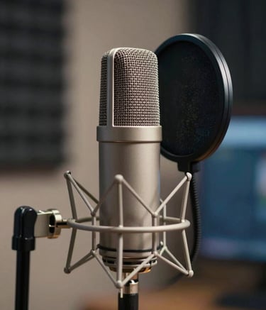 A high-end studio condenser microphone with a pop filter in focus, set against a blurred professional soundproofing background. The lighting is refined and warm, highlighting the metallic textures and using a palette of #F8F8F8 and #2C3E50.