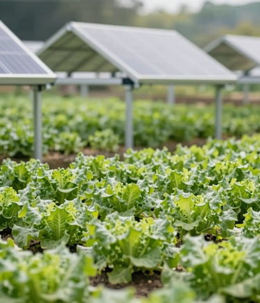 Detailed view of high-tech solar ombrières protecting a crop of leafy greens. The structure is minimalist and technological, integrated seamlessly with the farm environment. Soft morning light, sharp focus on the technology and the vibrant #2E7D65 green of the plants.
