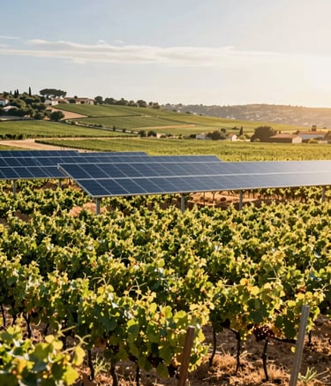 Wide-angle landscape shot of a vineyard in the PACA region under a bright Mediterranean sun. Sleek, modern agrivoltaic trackers are positioned above the vines, following the sun's path. The color palette features rich vine greens (#2E7D65) and golden sunlight highlights (#E7C66B). Professional, high-end photography style.