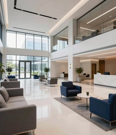 A wide-angle shot of a minimalist, high-end corporate lobby in a modern US office building. Polished floors, contemporary furniture in grey and navy blue, and clean architectural lines create an atmosphere of authority and trust.