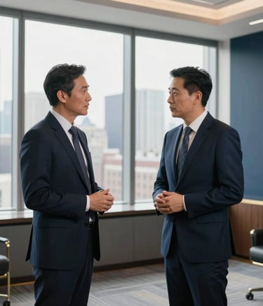 Two business professionals in sharp attire are engaged in a deep strategic discussion in a high-end corporate office in the US. Large windows reveal a city skyline, and the room is decorated in navy blue and gold accents.