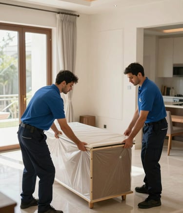 Professional movers in clean uniforms carefully securing high-end furniture with protective padding inside a bright, modern villa in the Middle Eastern / Gulf region. High-angle shot showing precision and care under soft indoor lighting.