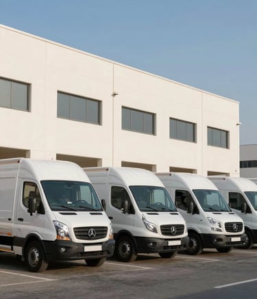 A fleet of clean, white moving trucks parked in front of a modern commercial building in Al Ain. The scene is bright and professional, captured during the clear morning light with Sky Blue sky in the background.