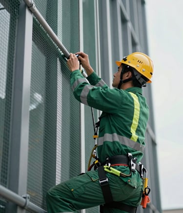A focused, professional shot of a safety technician wearing forest green gear, expertly installing a high-tensile safety net on a modern architectural building. The lighting is bright and clean, emphasizing the strength and precision of the installation against a clear sky. Scandinavian design aesthetic with clean vertical lines.