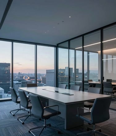 A wide-angle shot of a sleek, glass-walled North American / US conference room at dusk. The room is decorated with minimalist furniture in slate blue and mist tones, reflecting a mood of innovation and secure, professional business operations.