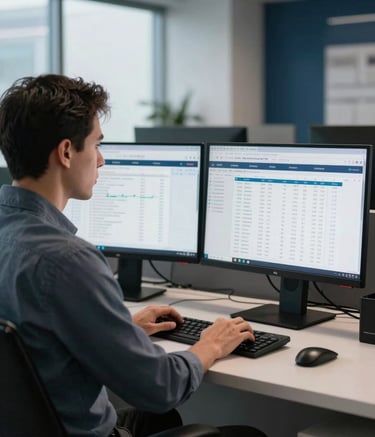 A focused North American / US professional sitting in a clean, brightly lit corporate office in Michigan, working on a dual-monitor setup showing financial spreadsheets. The lighting is soft and natural, with hints of steel blue and deep navy in the modern interior design.