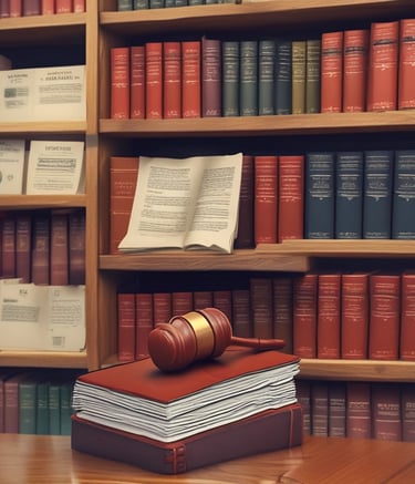 A close-up of a vintage law book with a gavel resting on top, set against a dark wooden background.