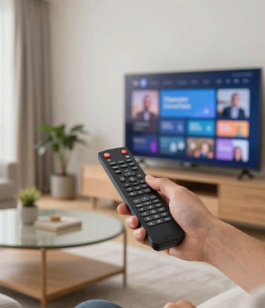 A bright and airy North American living room where a person is holding a remote, looking at a large television with a user-friendly interface, soft natural lighting, contemporary decor.