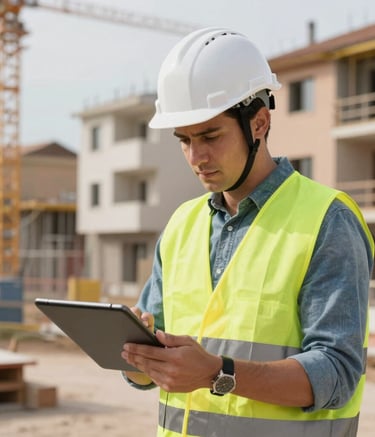 A professional construction site manager in a white hard hat and safety vest reviewing architectural plans on a tablet outdoors, Southern European residential district in the background, sharp focus, professional lighting.