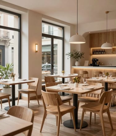 Interior of a high-end Scandi-style restaurant in Spain with light wood furniture, minimalist decor, and large windows. The atmosphere is warm and inviting, with a focus on elegant table settings. Professional architectural photography.
