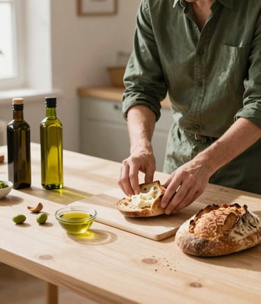 A professional photography session in a sunlit, modern European Spanish studio. A creative professional is arranging a flat lay of artisanal ingredients like olive oil and sourdough bread for a photo shoot. Soft natural lighting, elegant composition, warm beige and forest green accents.