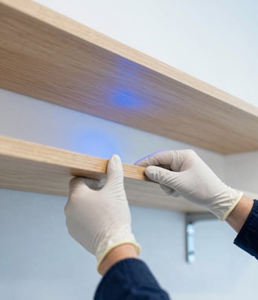 A close-up of a professional technician's hands wearing clean gloves, precisely adjusting a modern wooden shelf in a bright, contemporary interior in French / Southern France. The lighting is crisp and clean, reflecting the electric blue and white palette.