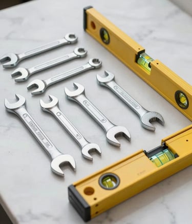 A clean, high-angle shot of a professional tool kit with wrenches and a level placed on a white marble surface, bright natural lighting, professional and organized aesthetic in French / Southern France.