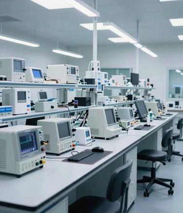 A wide-angle professional photograph of a modern, organized repair laboratory. Workbenches are lined with specialized diagnostic equipment. The lighting is bright and clear, with a color palette of soft steel blue and cool pearl grey, evoking unwavering reliability.