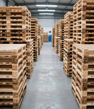 A wide shot of a modern, clean North American pallet factory. Symmetrical rows of freshly manufactured light wood pallets catch the bright industrial lighting. The atmosphere is professional and orderly, featuring dark navy and off-white tones.