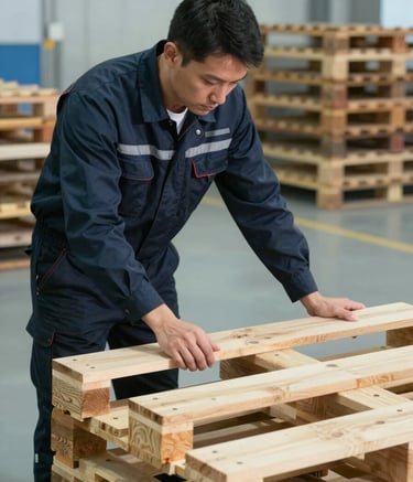 An eye-level photograph of a pallet specialist in professional workwear inspecting a wooden pallet structure in a clean North American facility. Sharp focus, organized background, conveying reliability and expertise, with subtle dark navy and light blue-grey tones.