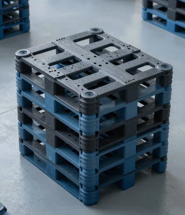 A high-angle photograph of durable, sleek black and muted blue plastic pallets stacked in a light blue-grey industrial space. The composition emphasizes efficiency and modern logistics in a US-based warehouse facility.