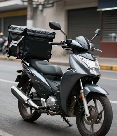 A close-up shot of a professional delivery motorcycle parked on a clean street in a South American / Colombian city. The motorcycle is dark slate grey, and the delivery box features a minimalist professional design. High-speed action blur in the background to imply movement.