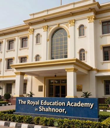 Wide angle exterior photography of the main entrance of The Royal Education Academy in Shahnoor, India. The building is a stately structure with antique gold trim on creamy off-white walls. Manicured lawns and slate blue signage create a sophisticated yet welcoming look.