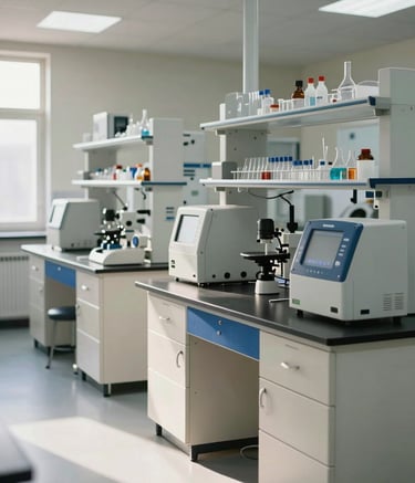 A professional interior photography shot of a modern science laboratory in a South Asian / Indian school. The room features high-tech equipment on creamy off-white counters with deep navy blue accents. Natural sunlight fills the space, highlighting a clean and ambitious academic environment.