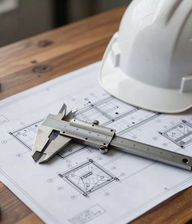 A detailed close-up of a technical engineering blueprint laid out on a wooden desk next to a pair of stainless steel calipers and a white hard hat. The lighting is soft and focused, emphasizing precision and professionalism in a Global Professional setting.