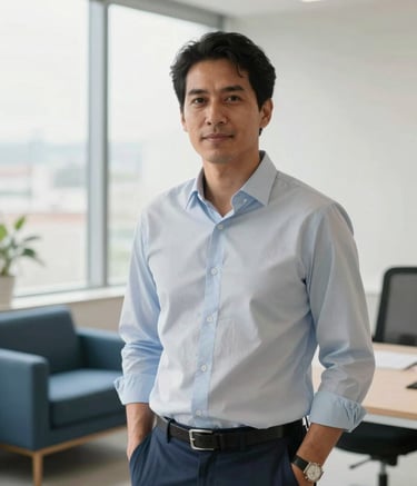 A professional portrait of an expert in a bright, modern South American office setting. The composition is a clean medium shot with soft natural lighting coming from a large window. The background features minimalist furniture in shades of muted blue and off-white, reflecting a calm and sophisticated atmosphere.