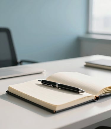A minimalist and clean Brazilian interior office scene with professional aesthetics. Soft morning light illuminates a desk with a notebook and a high-end pen. The color palette includes light blue and off-white tones, creating an approachable yet sophisticated environment.